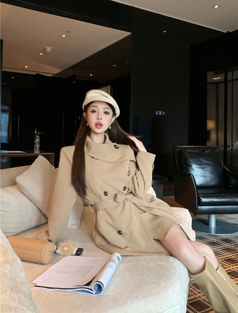 Double-breasted coat pinched waist windbreaker for women