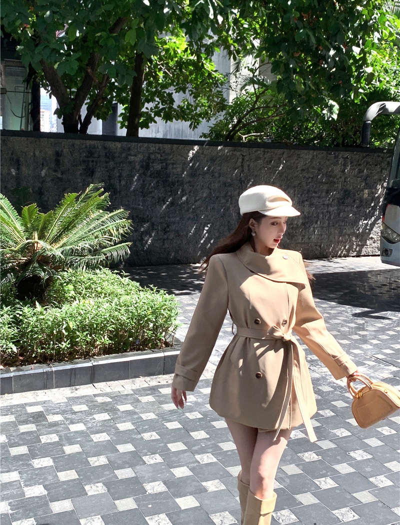 Double-breasted coat pinched waist windbreaker for women
