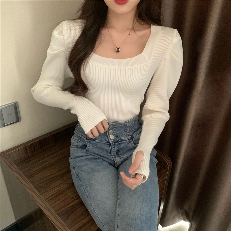 Puff sleeve France style long sleeve tops