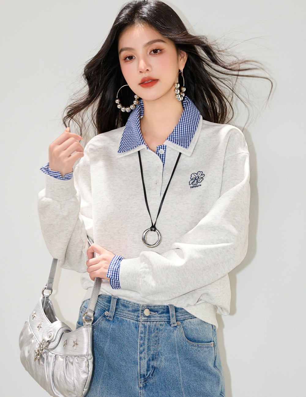 Pseudo-two embroidery splice tops loose thin hoodie