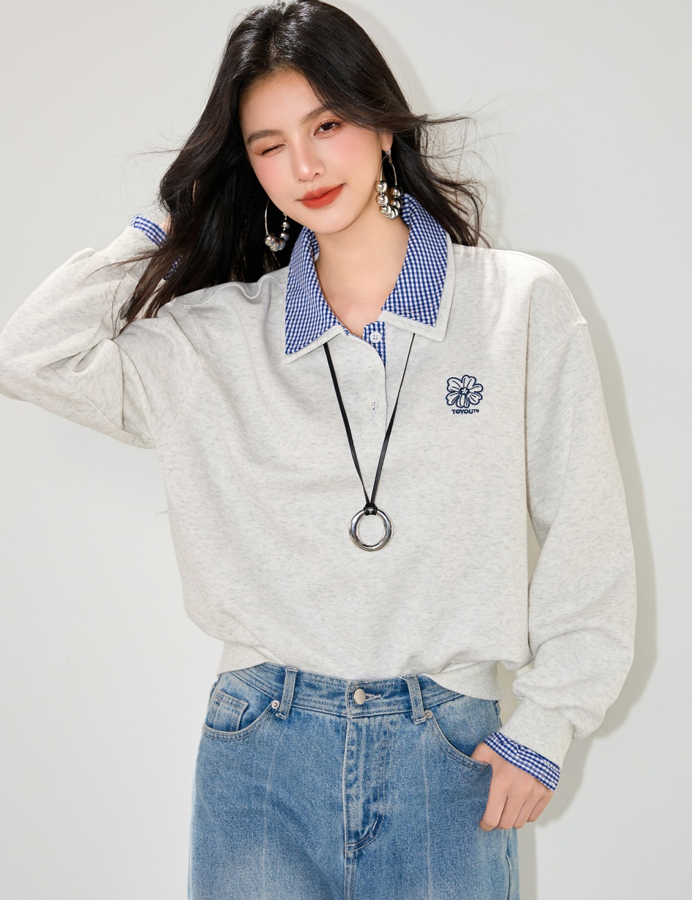 Pseudo-two embroidery splice tops loose thin hoodie