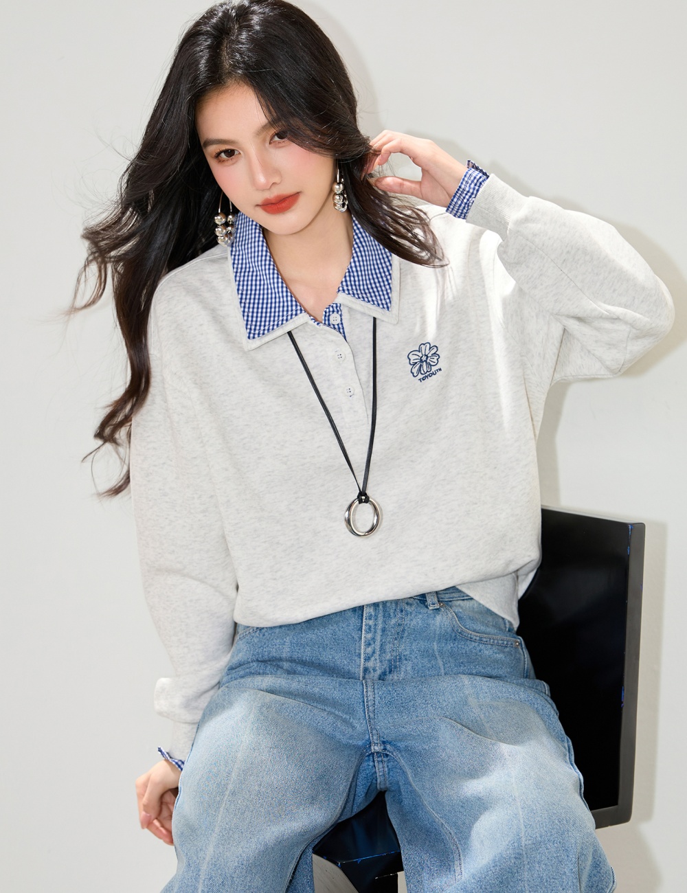Pseudo-two embroidery splice tops loose thin hoodie