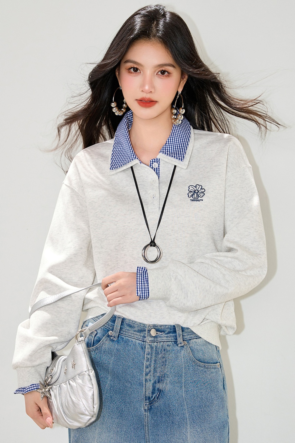 Pseudo-two embroidery splice tops loose thin hoodie