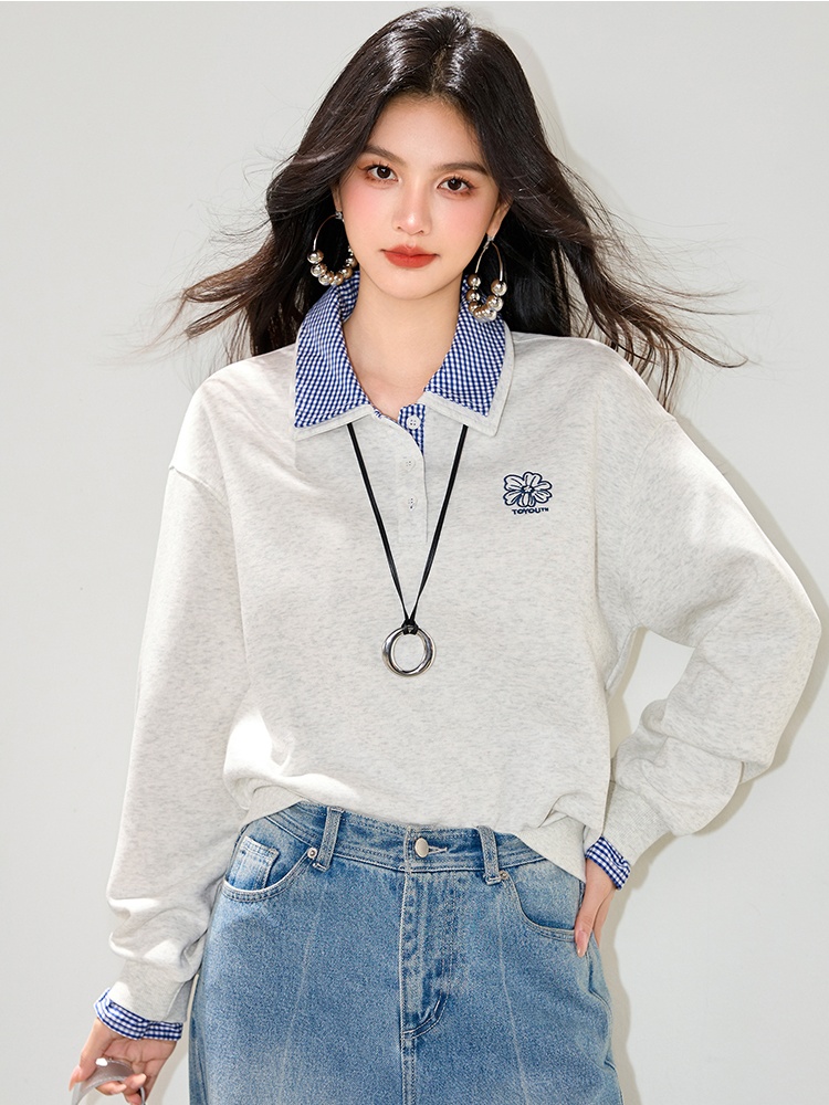 Pseudo-two embroidery splice tops loose thin hoodie