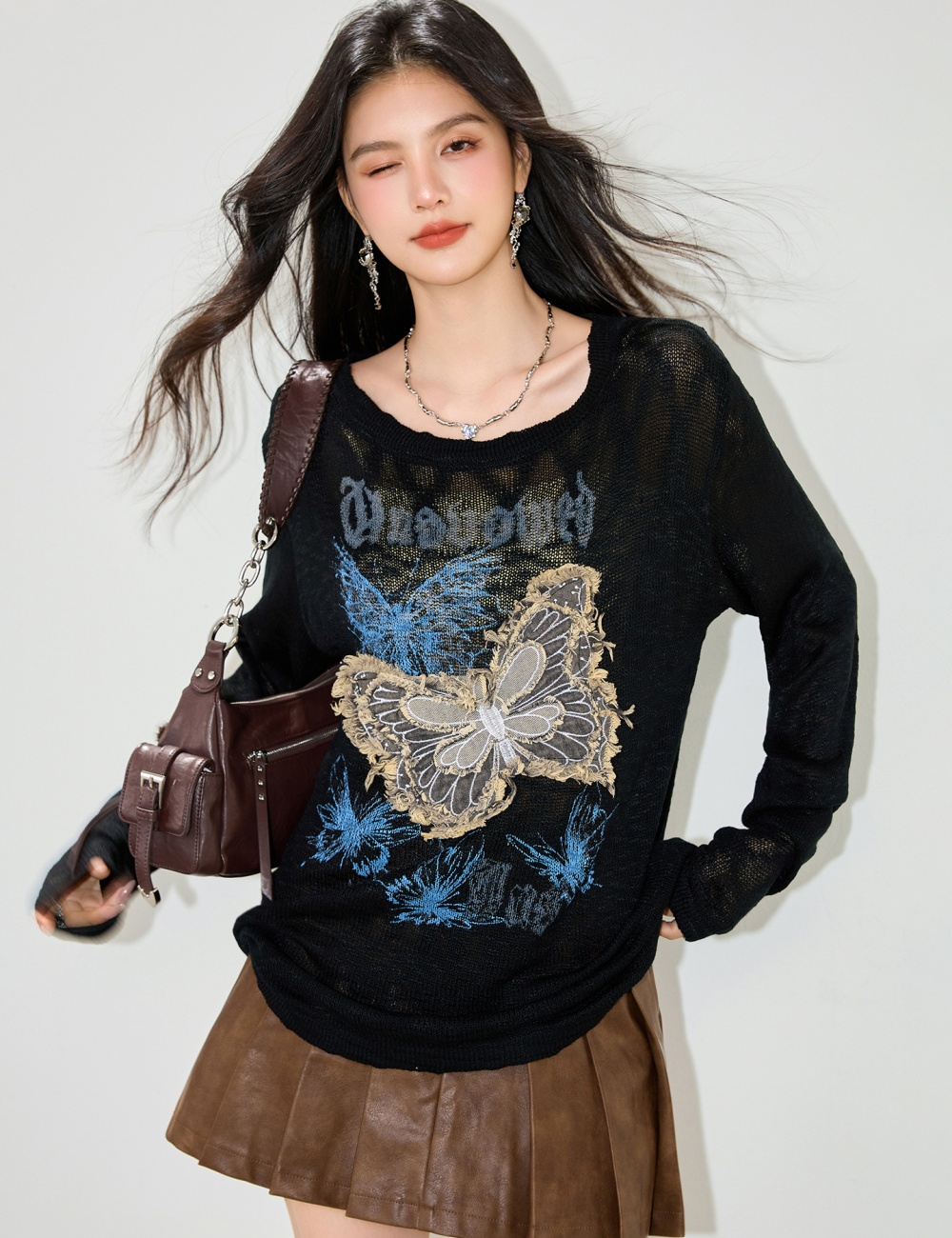 Sloping shoulder butterfly tops gauze lazy T-shirt for women