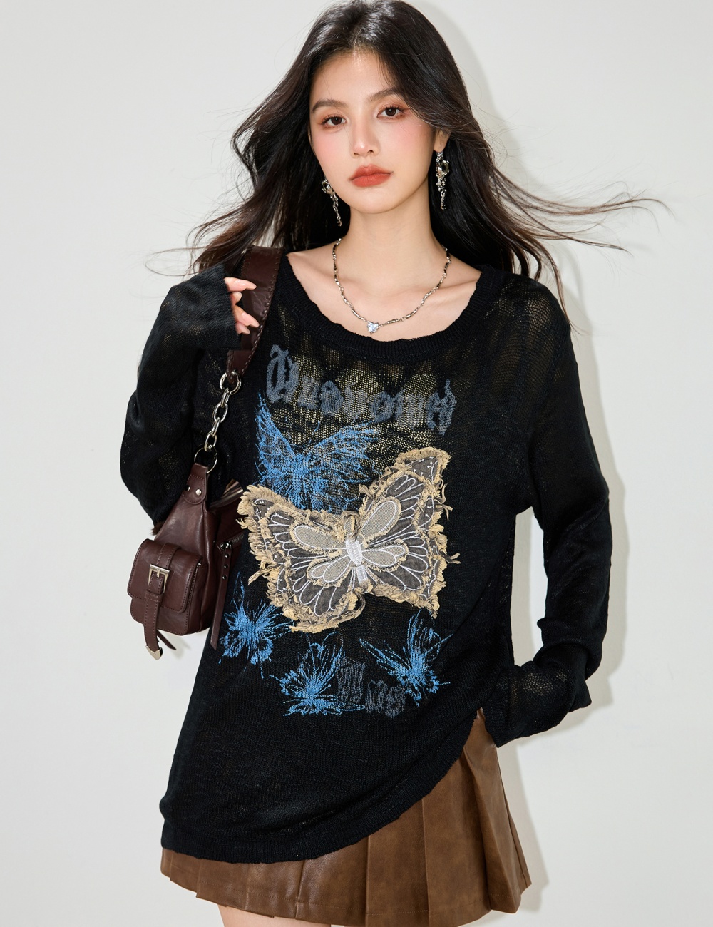 Sloping shoulder butterfly tops gauze lazy T-shirt for women