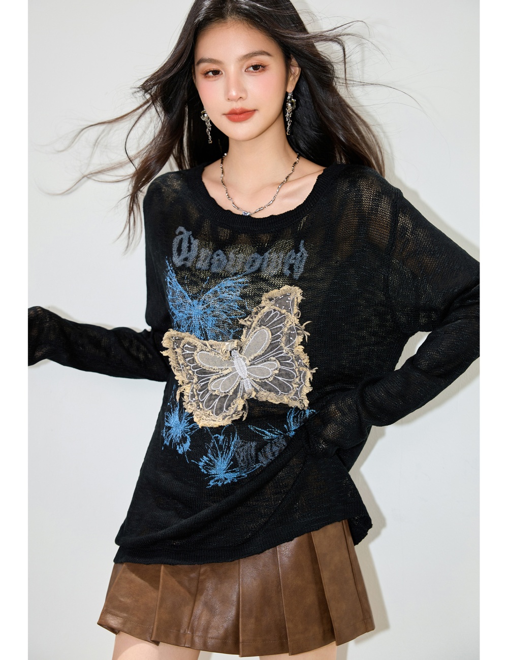 Sloping shoulder butterfly tops gauze lazy T-shirt for women