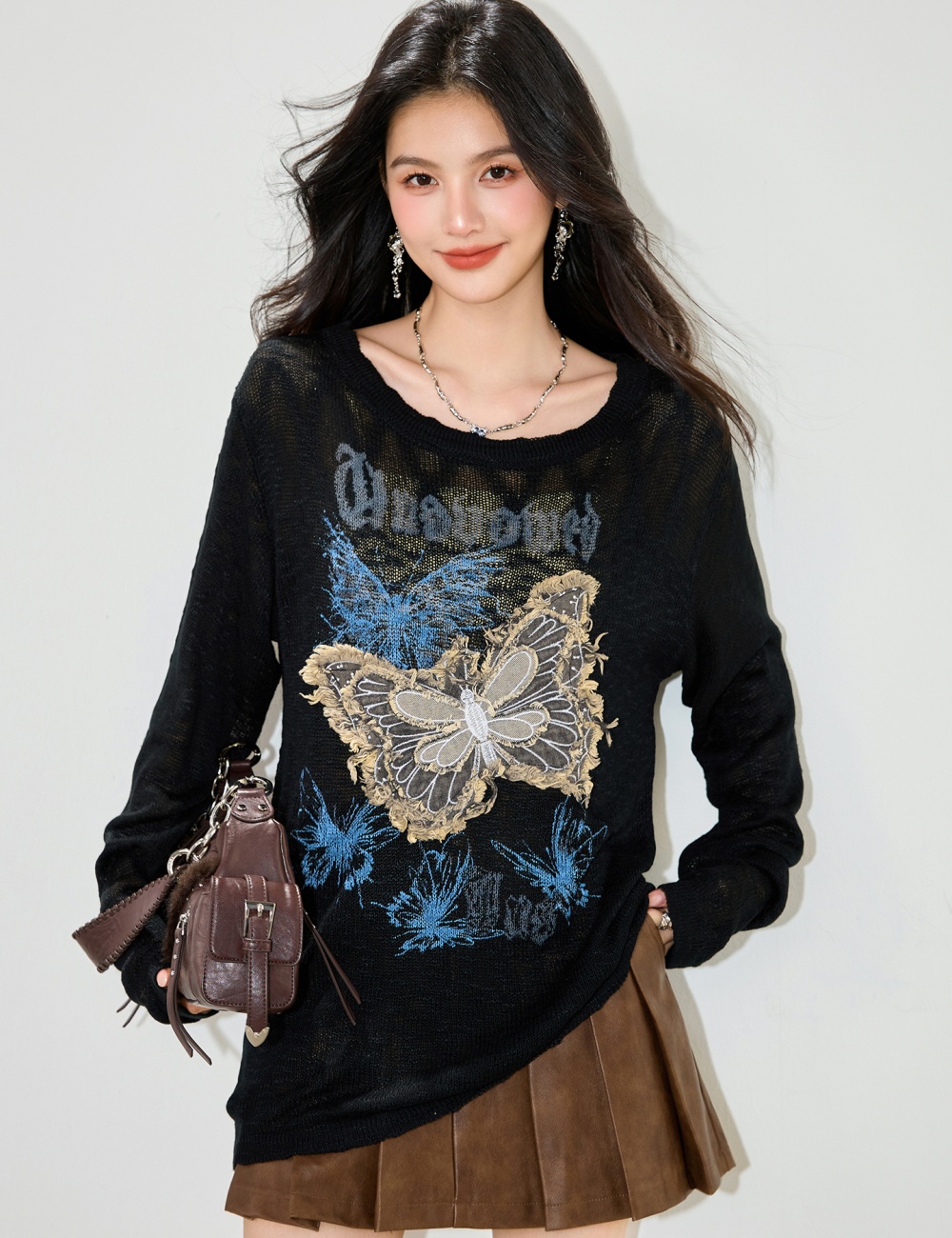 Sloping shoulder butterfly tops gauze lazy T-shirt for women