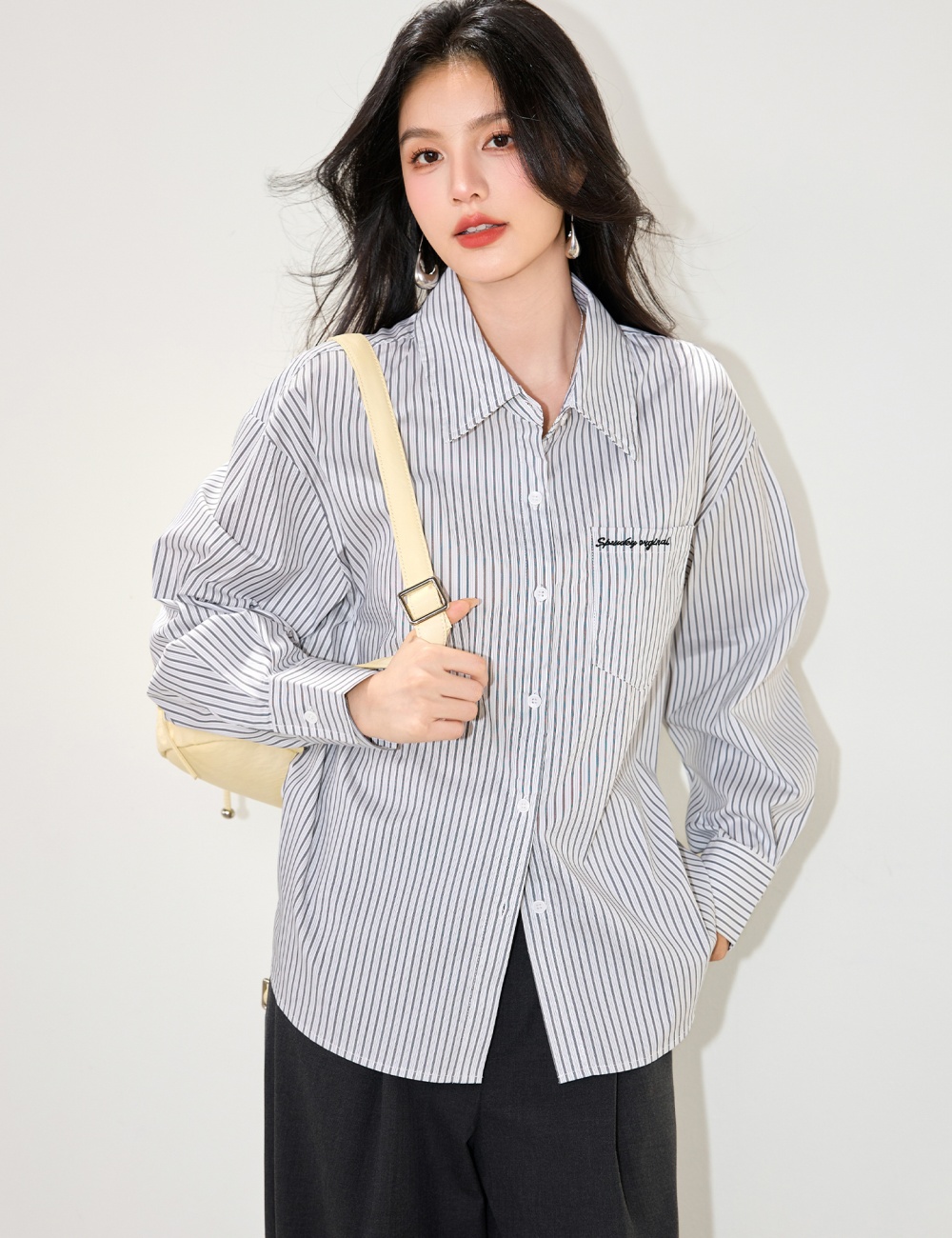 Stripe France style shirt embroidery tops for women