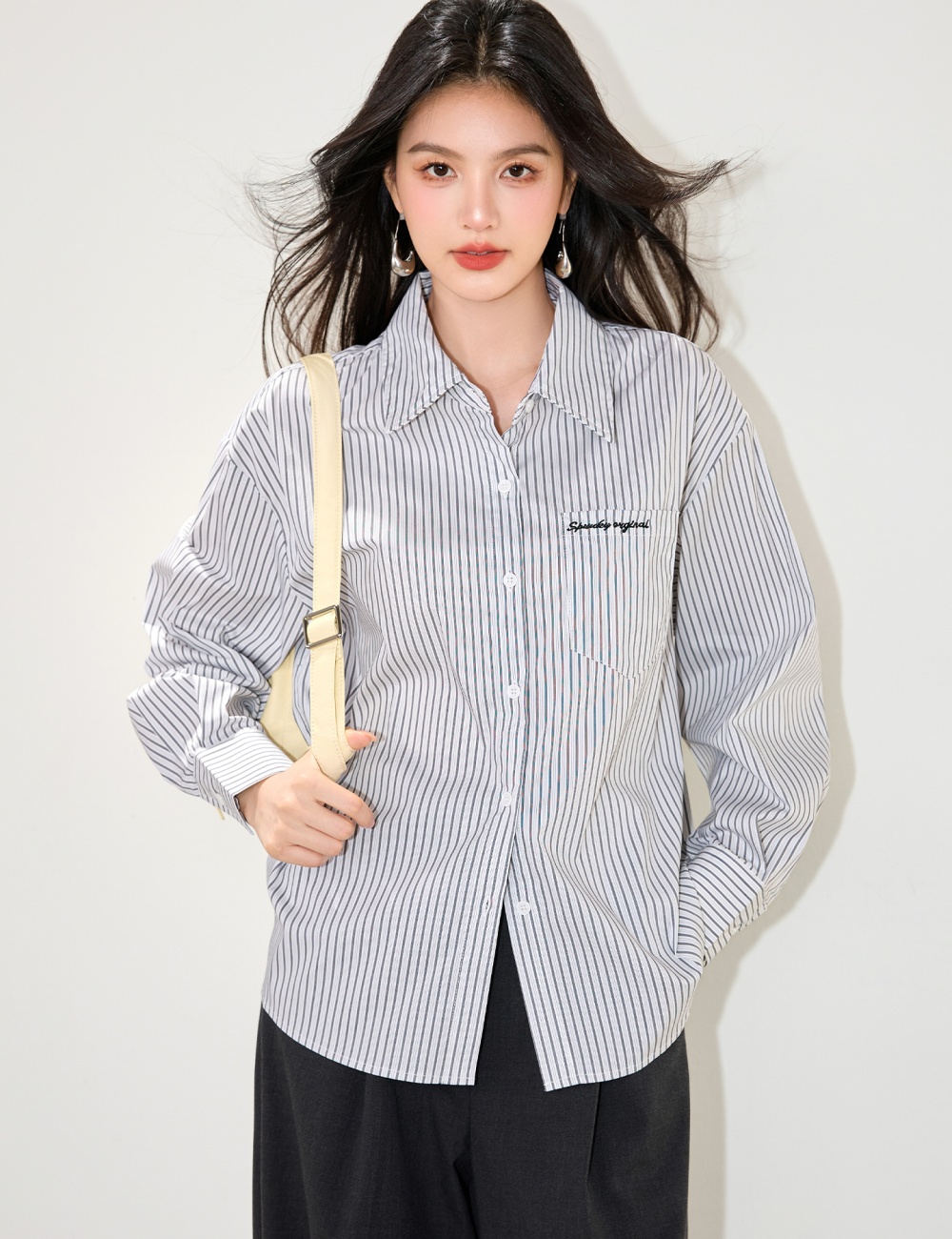 Stripe France style shirt embroidery tops for women
