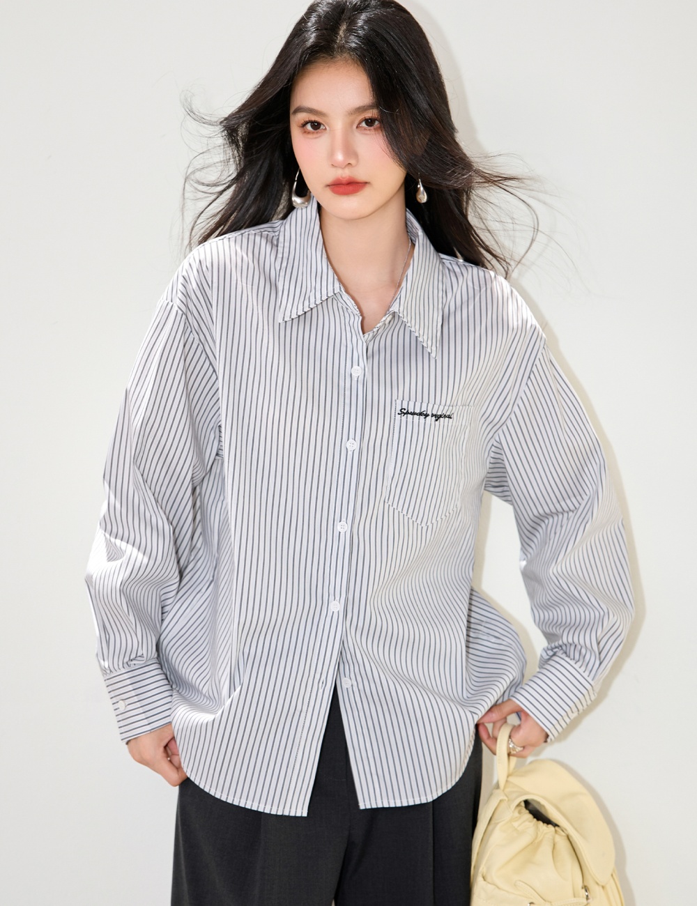 Stripe France style shirt embroidery tops for women