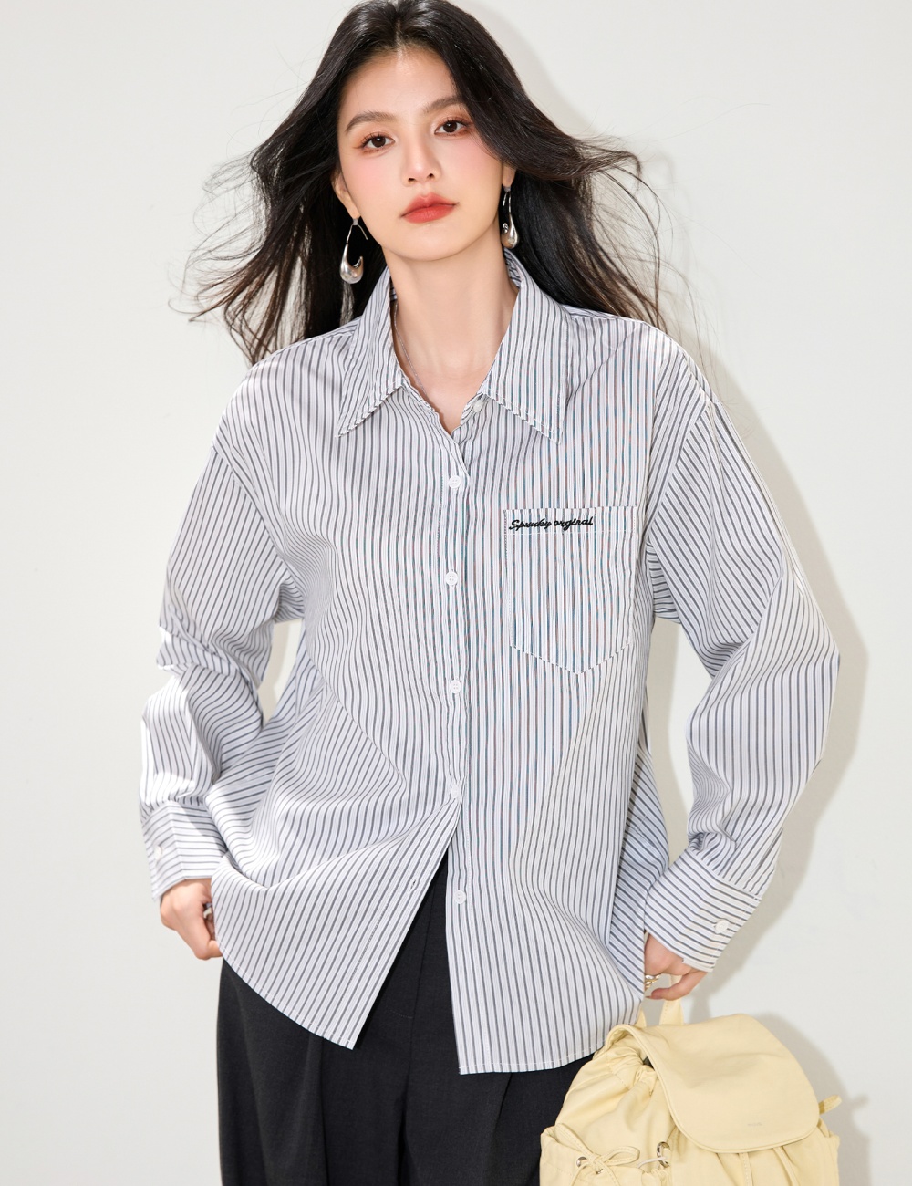 Stripe France style shirt embroidery tops for women
