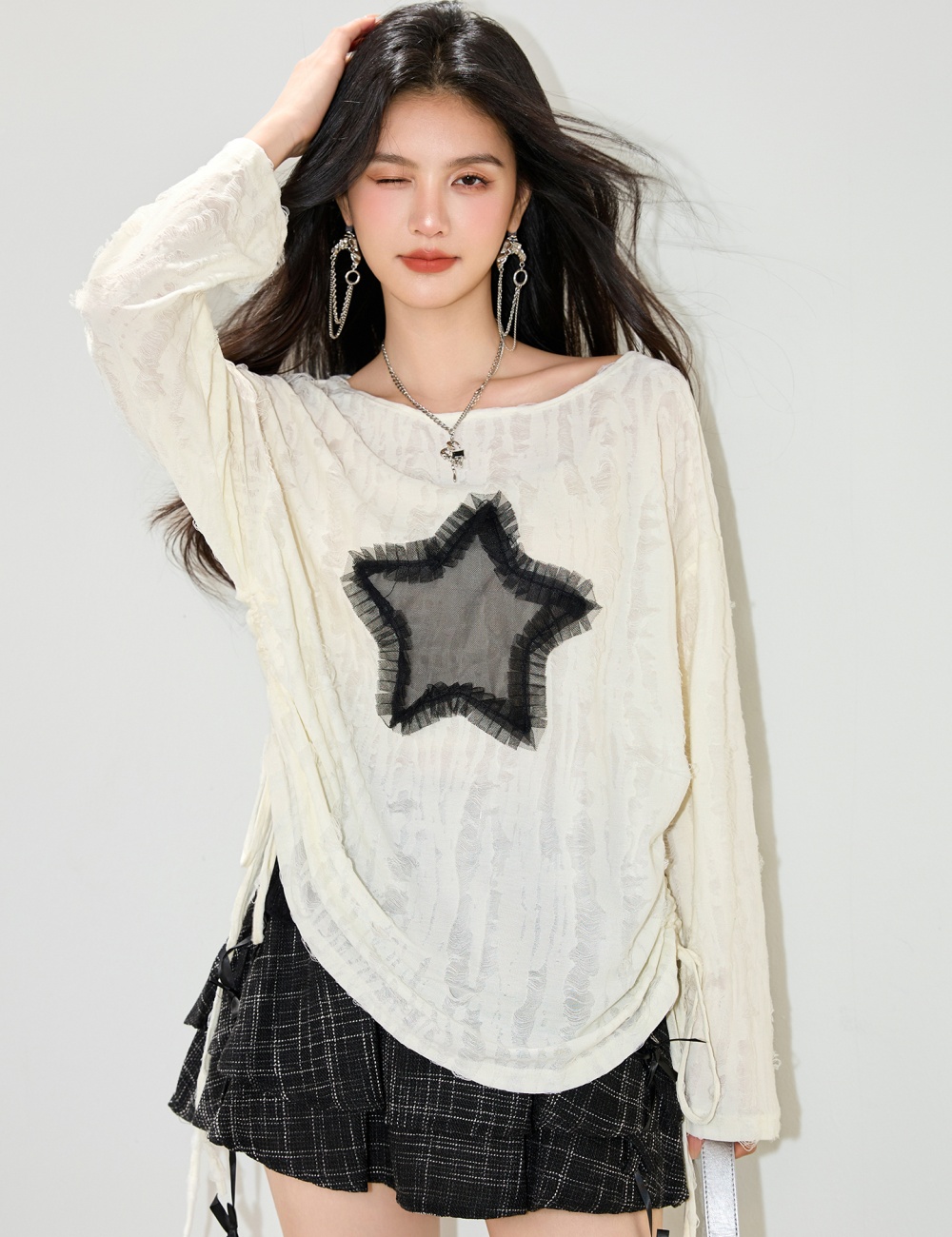 Sloping shoulder strapless loose tops autumn lazy T-shirt