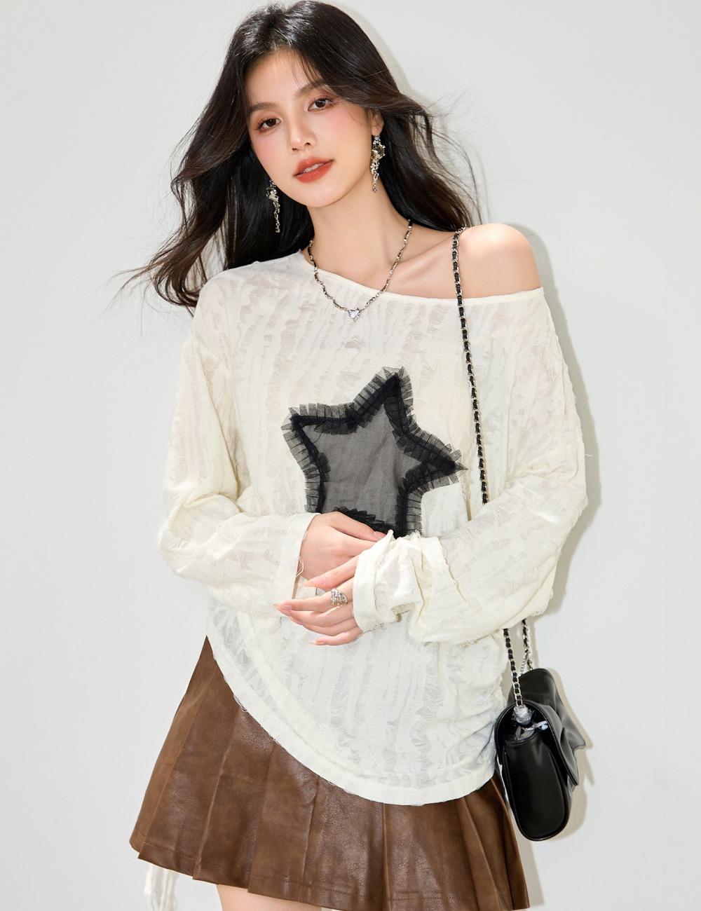 Sloping shoulder strapless loose tops autumn lazy T-shirt