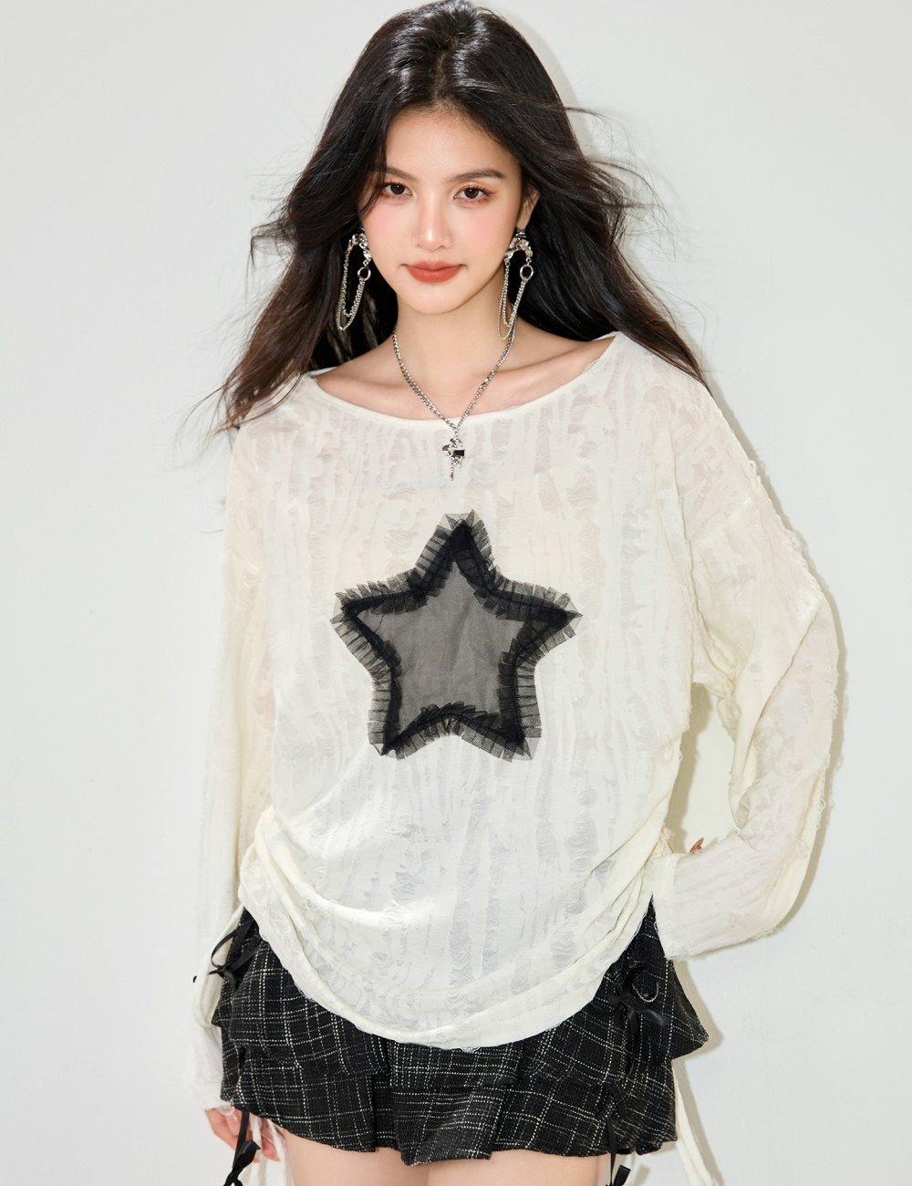 Sloping shoulder strapless loose tops autumn lazy T-shirt