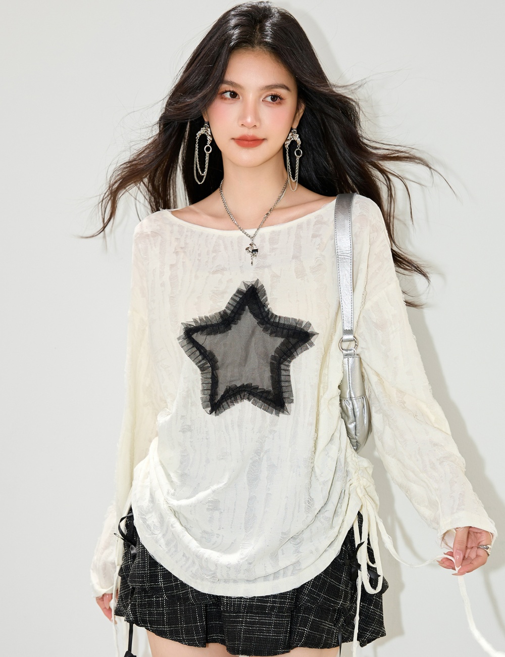 Sloping shoulder strapless loose tops autumn lazy T-shirt