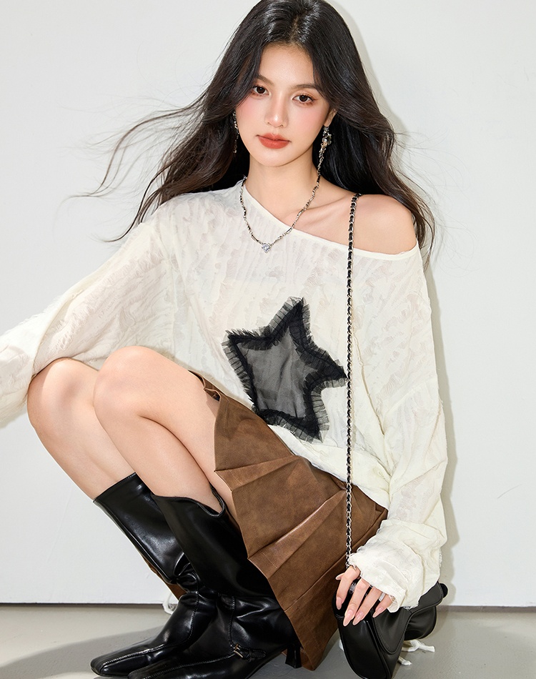 Sloping shoulder strapless loose tops autumn lazy T-shirt