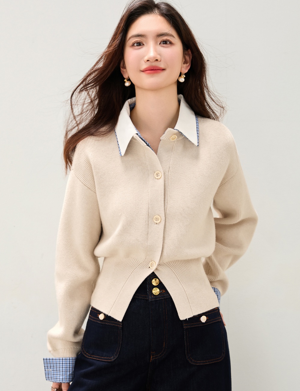 Knitted Pseudo-two plaid cardigan lapel splice sweater