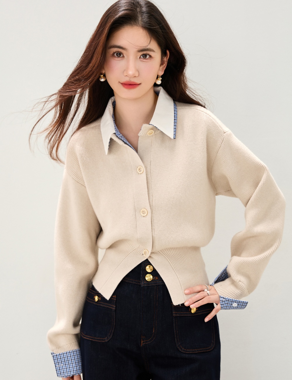 Knitted Pseudo-two plaid cardigan lapel splice sweater