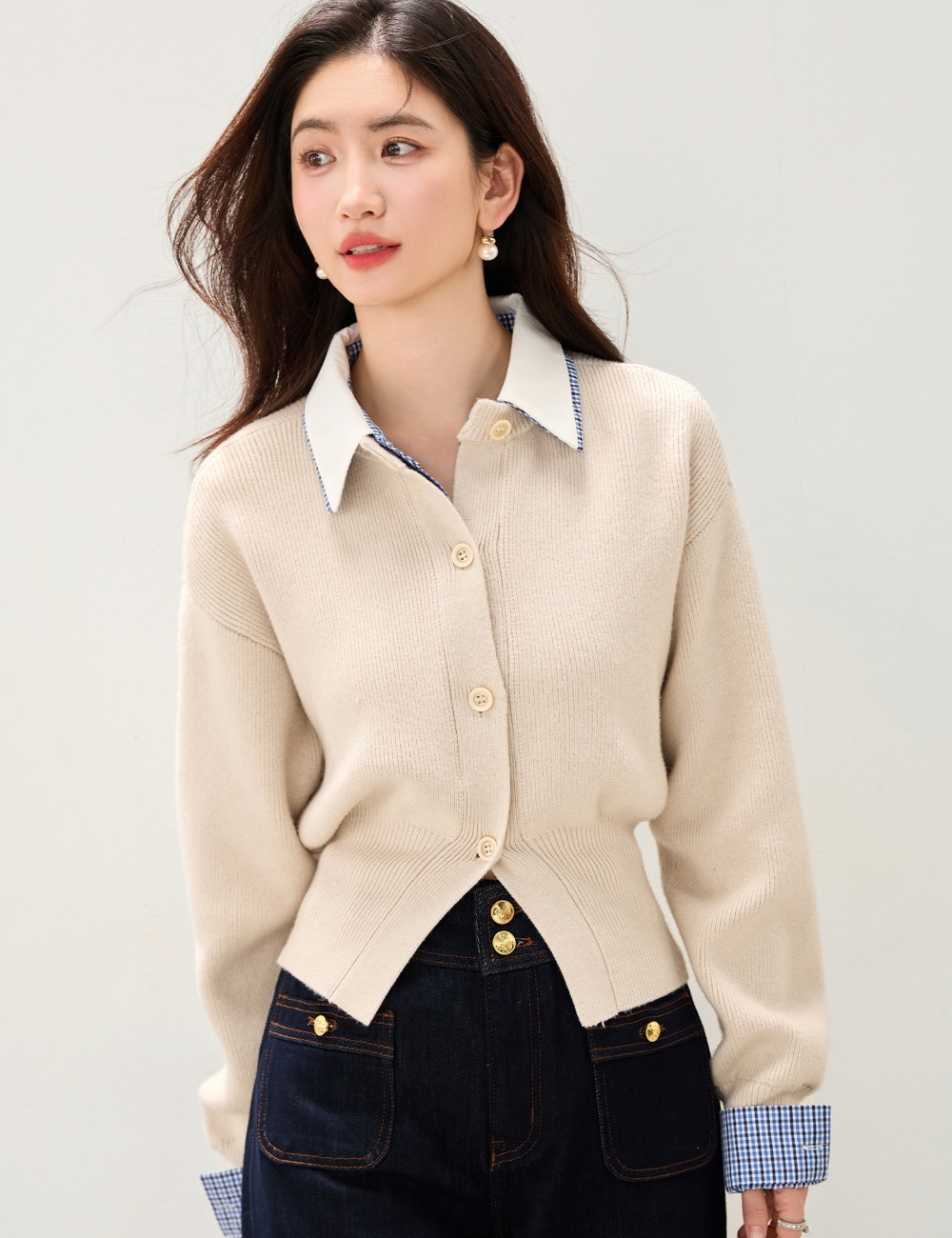 Knitted Pseudo-two plaid cardigan lapel splice sweater