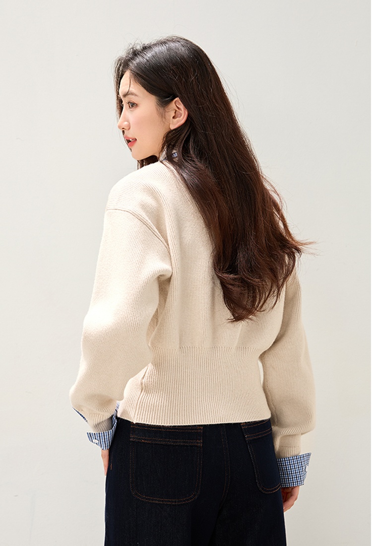 Knitted Pseudo-two plaid cardigan lapel splice sweater