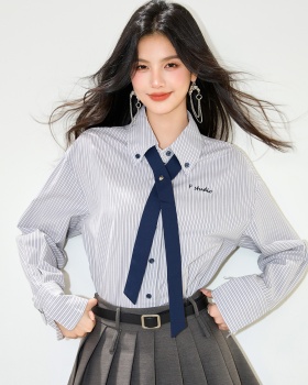 Stripe collar autumn Casual embroidery shirt for women