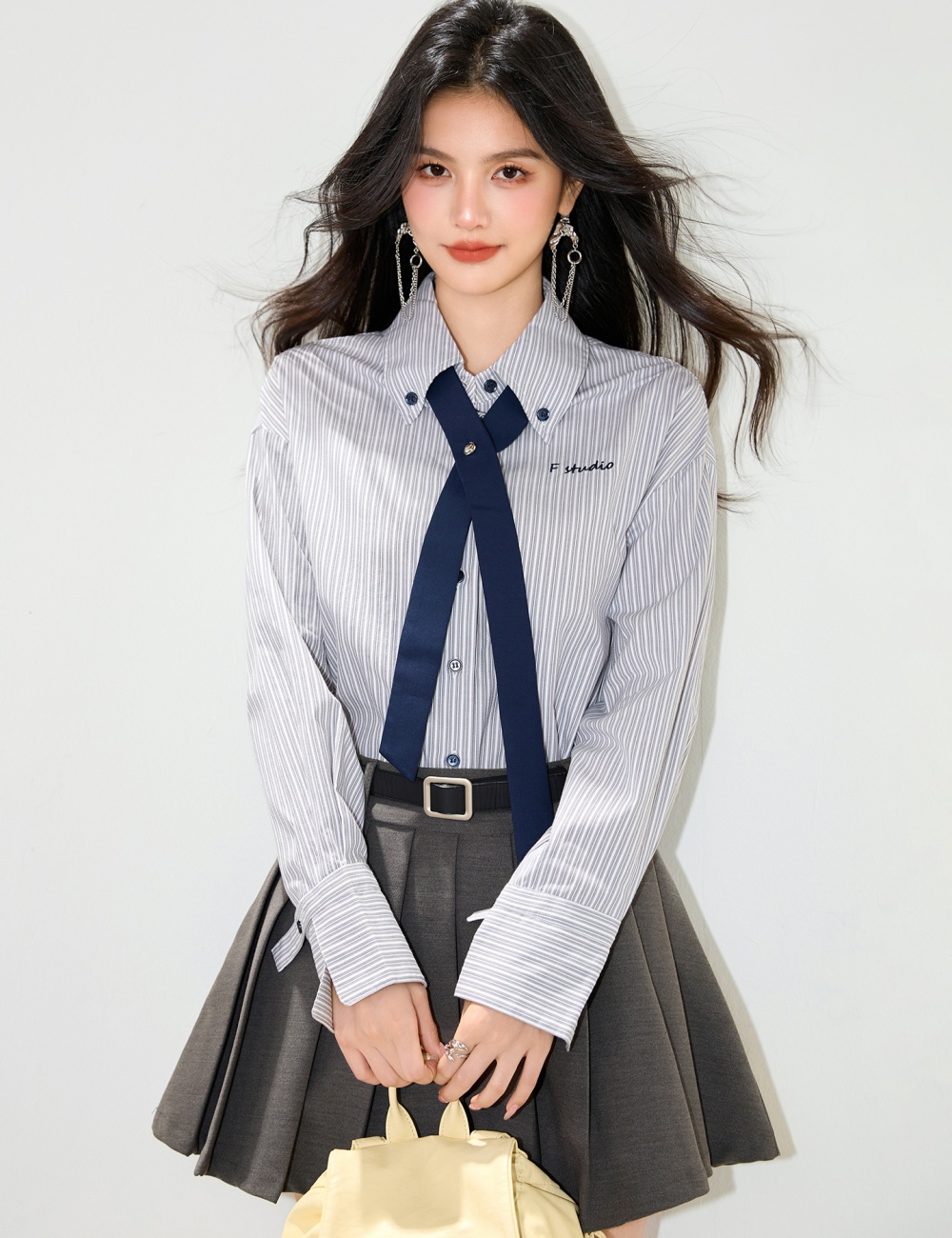 Stripe collar autumn Casual embroidery shirt for women