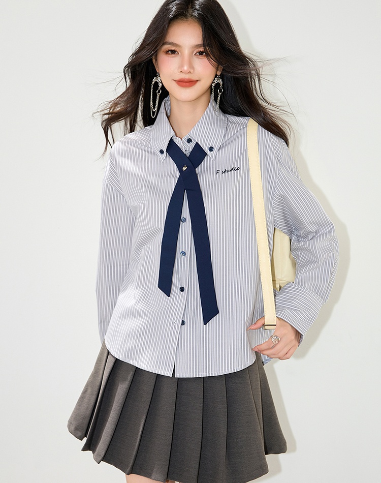 Stripe collar autumn Casual embroidery shirt for women
