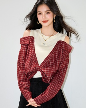 Pseudo-two splice strapless red slim plaid long sleeve autumn tops