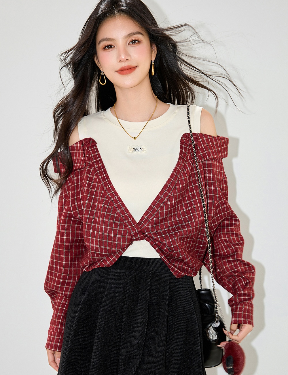 Pseudo-two splice strapless red slim plaid long sleeve autumn tops