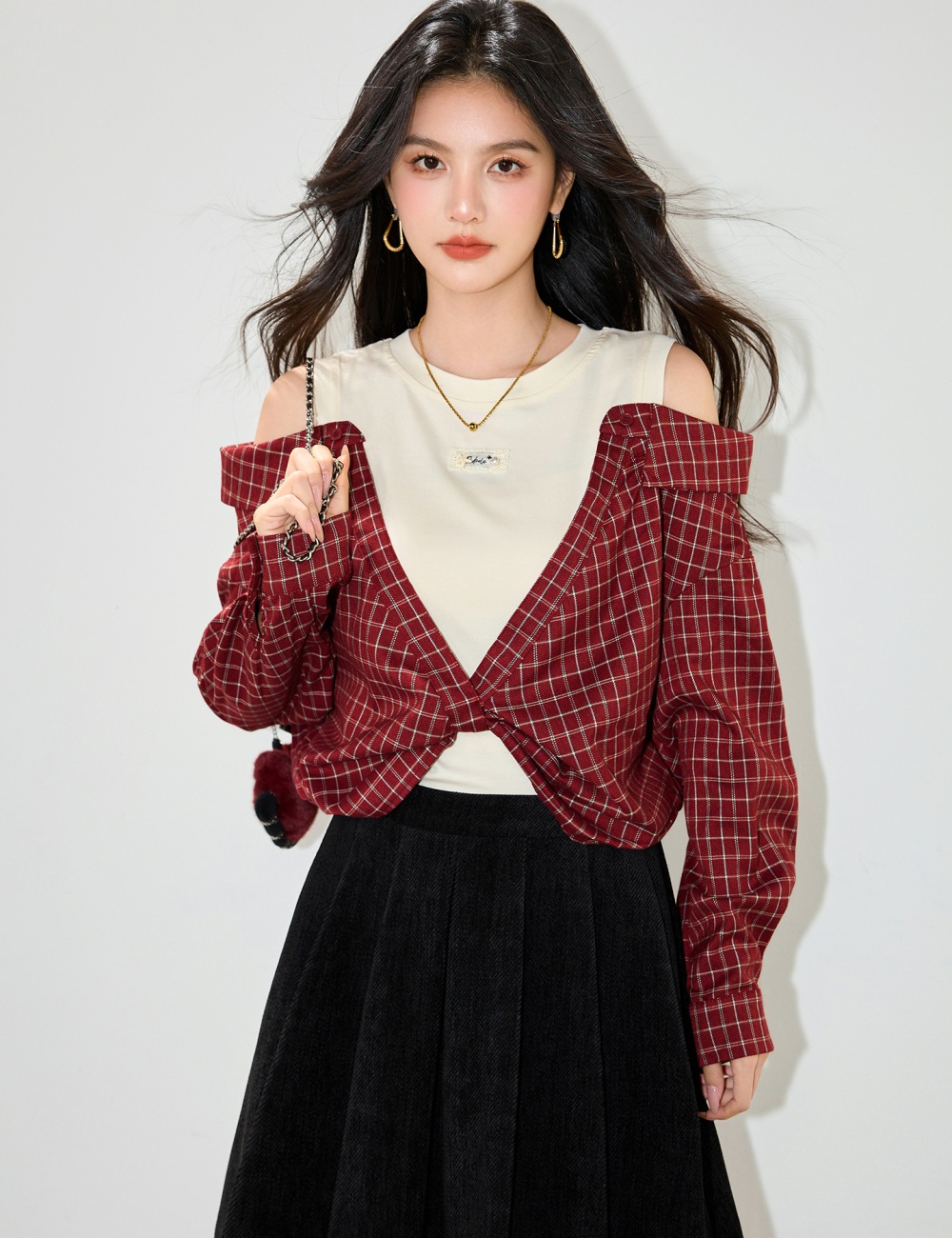 Pseudo-two splice strapless red slim plaid long sleeve autumn tops