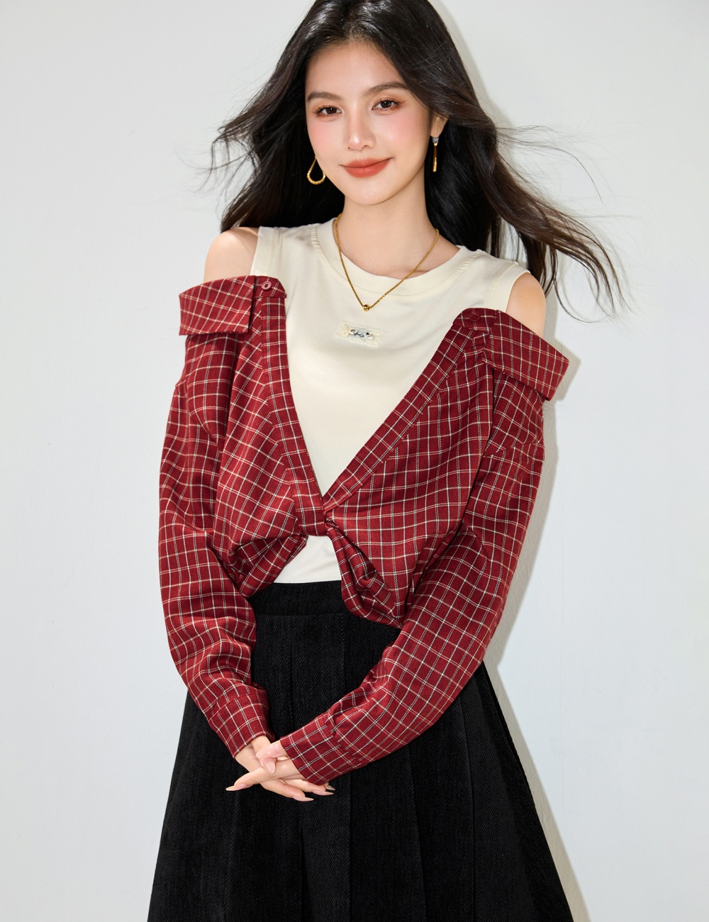 Pseudo-two splice strapless red slim plaid long sleeve autumn tops