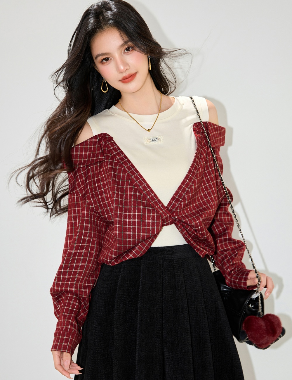 Pseudo-two splice strapless red slim plaid long sleeve autumn tops
