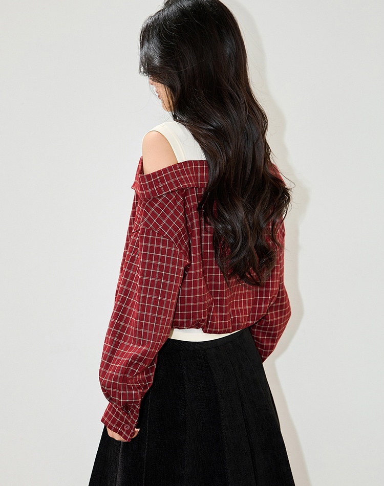 Pseudo-two splice strapless red slim plaid long sleeve autumn tops