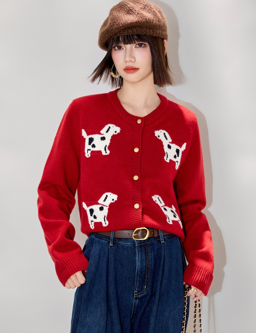 Knitted show young coat jacquard slim cardigan for women
