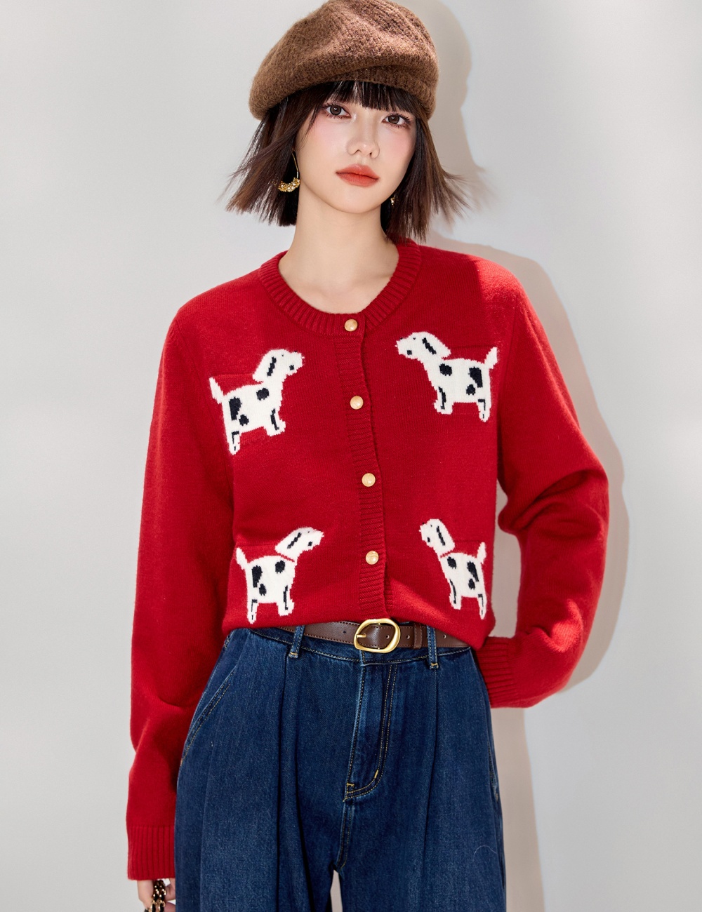Knitted show young coat jacquard slim cardigan for women
