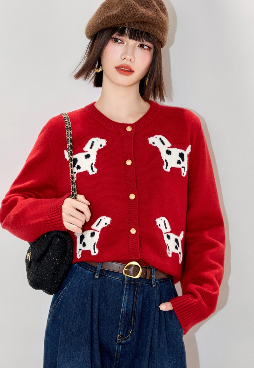 Knitted show young coat jacquard slim cardigan for women