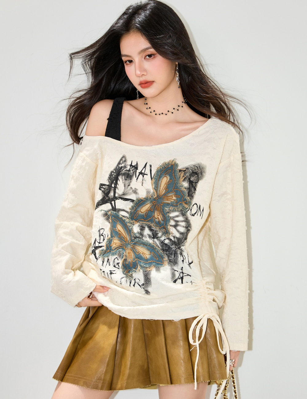 Loose strapless enticement lazy retro long sleeve patch smock