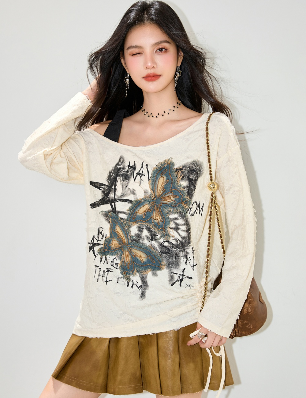 Loose strapless enticement lazy retro long sleeve patch smock