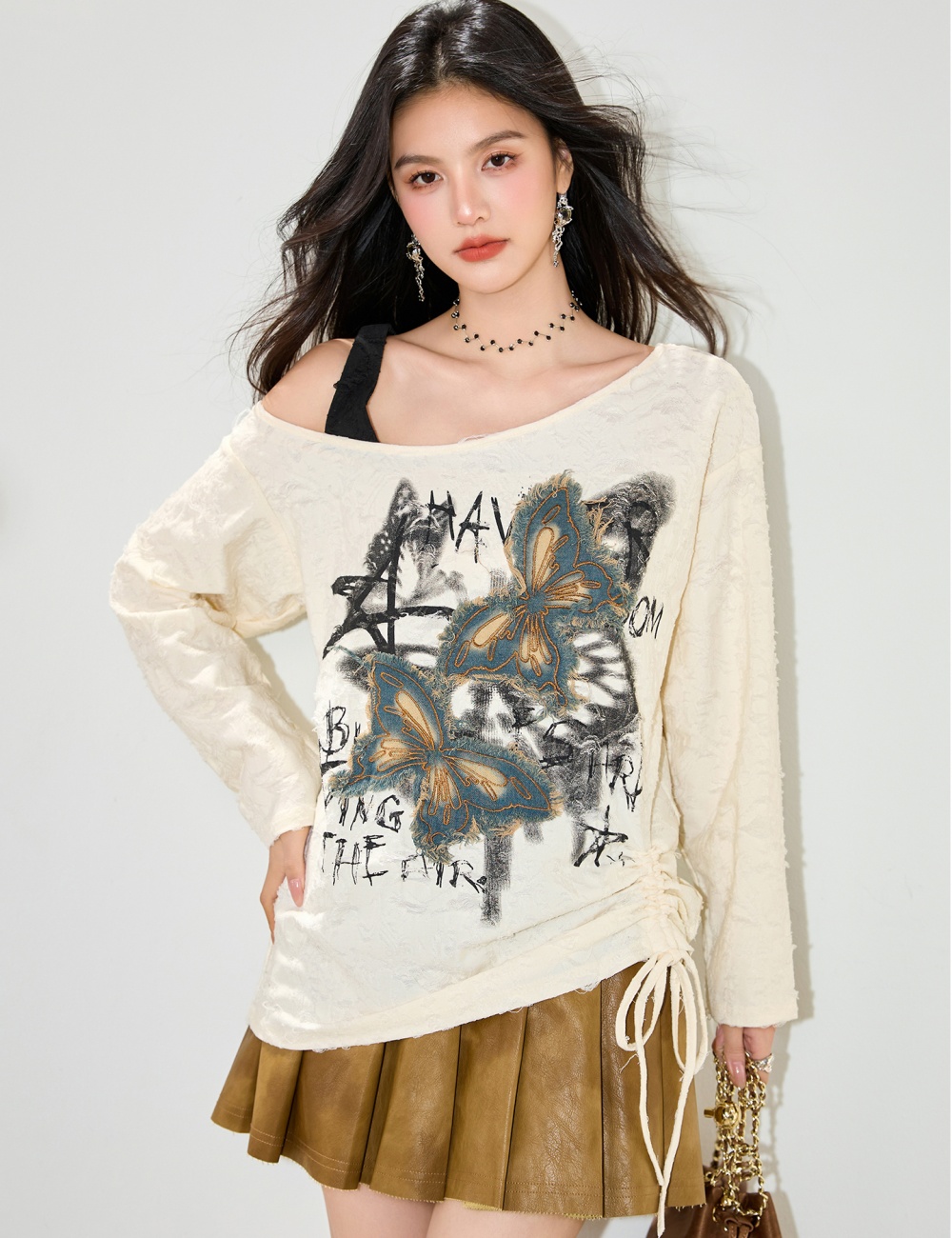 Loose strapless enticement lazy retro long sleeve patch smock