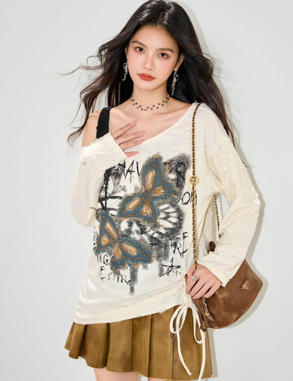 Loose strapless enticement lazy retro long sleeve patch smock