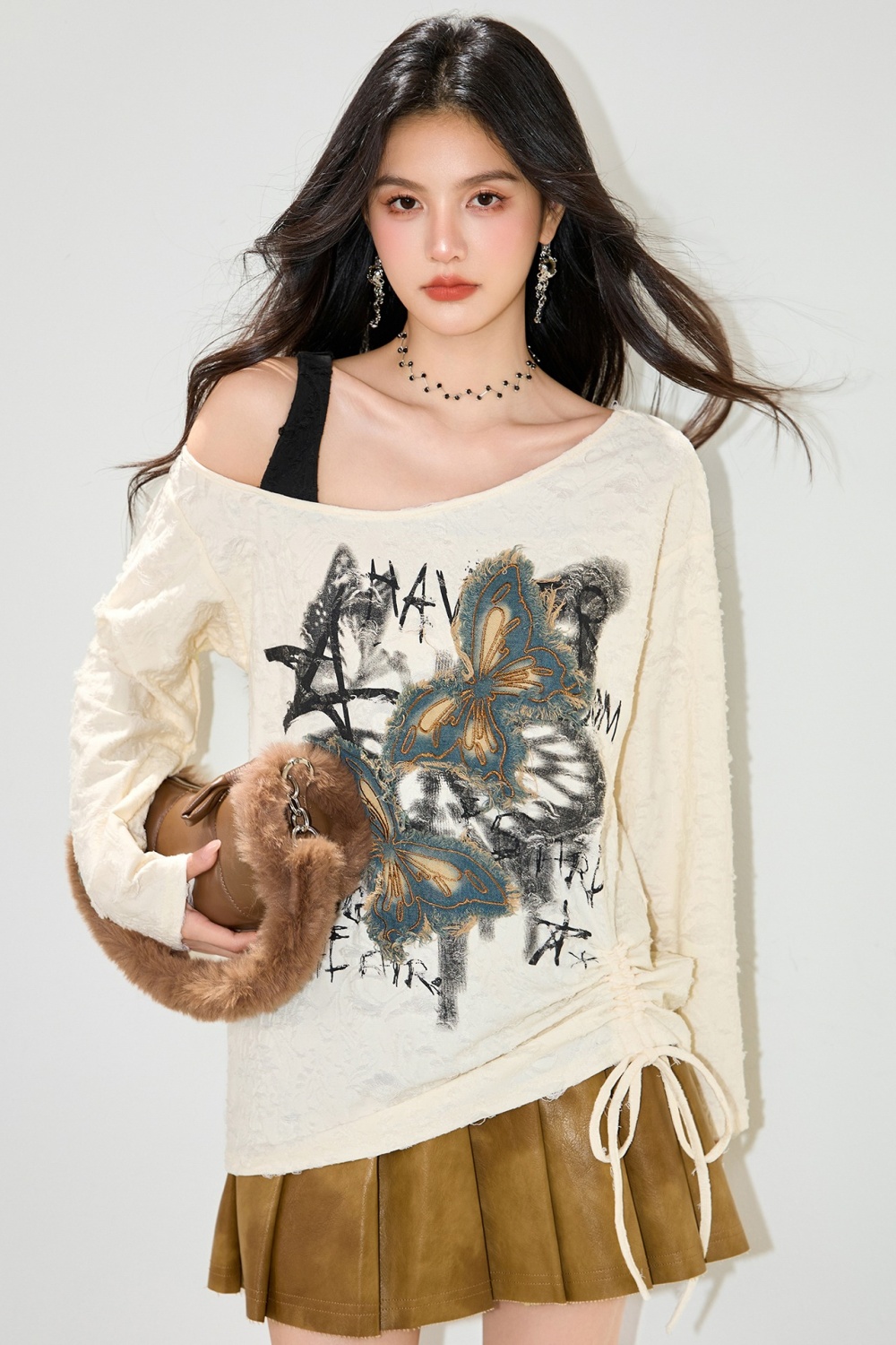 Loose strapless enticement lazy retro long sleeve patch smock