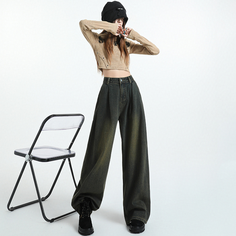 Drape slim fold jeans straight mopping pants for women