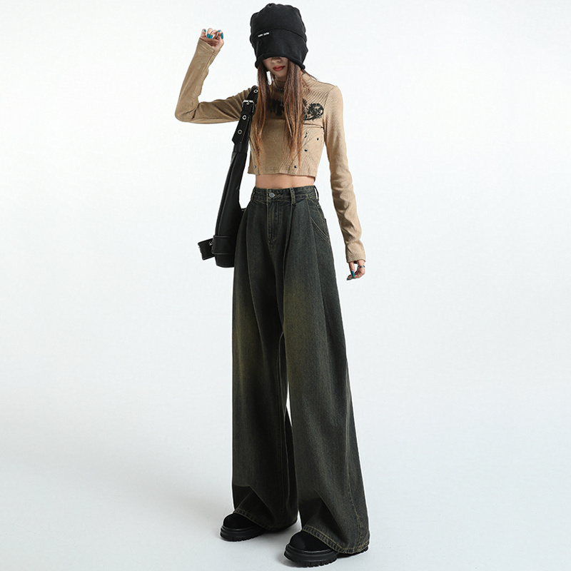 Drape slim fold jeans straight mopping pants for women