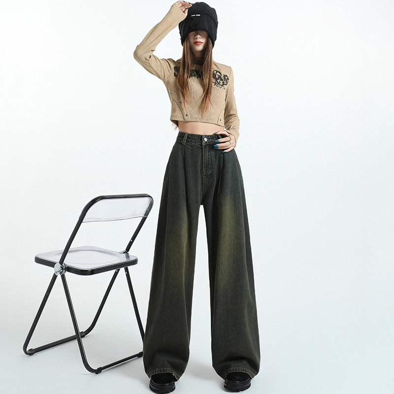 Drape slim fold jeans straight mopping pants for women