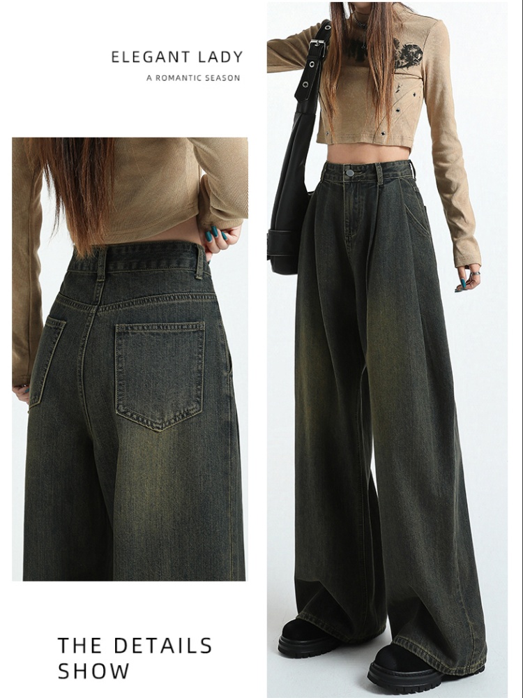 Drape slim fold jeans straight mopping pants for women
