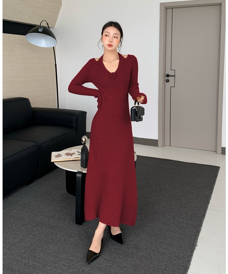 Show waist long sleeve slim A-line small knitted dress