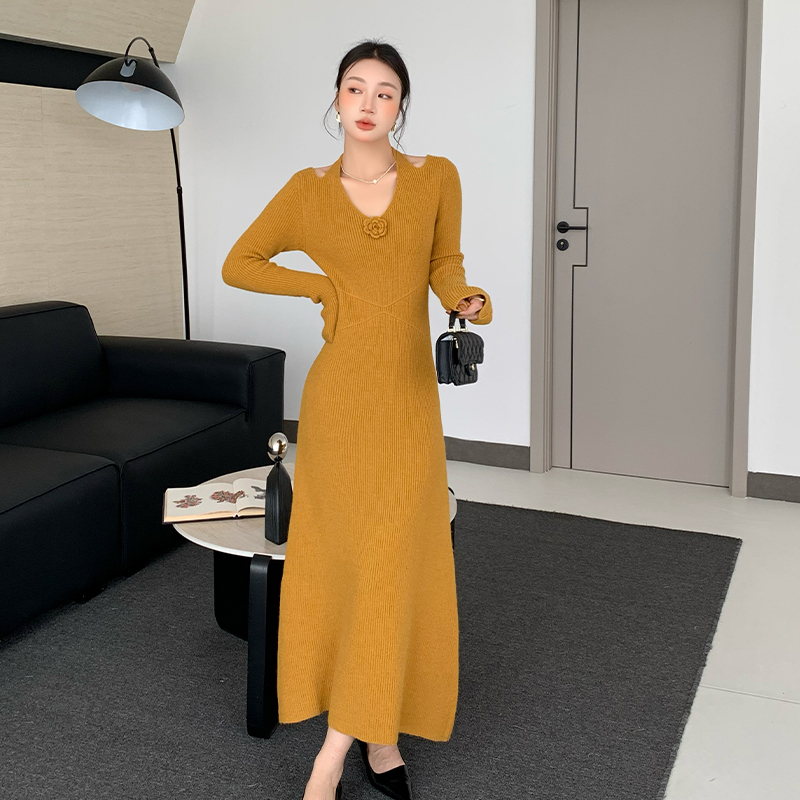 Show waist long sleeve slim A-line small knitted dress