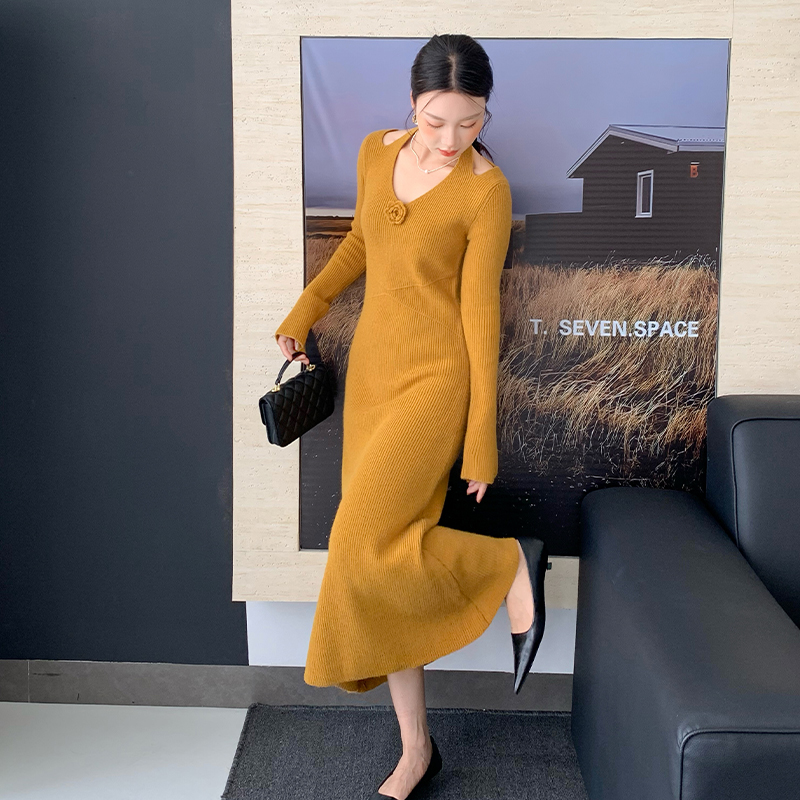 Show waist long sleeve slim A-line small knitted dress