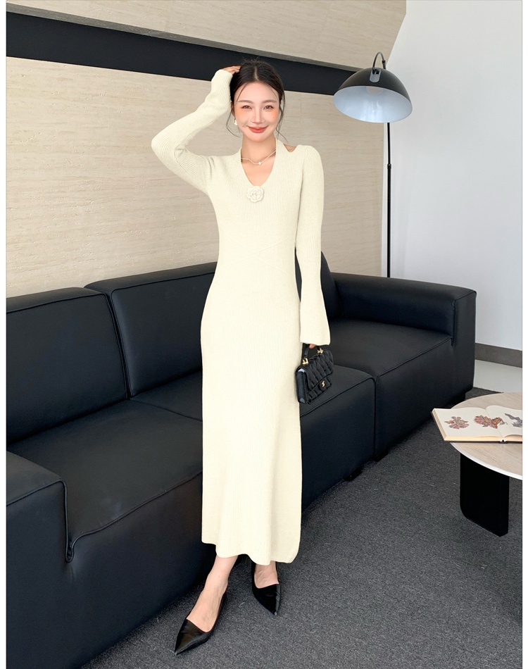 Show waist long sleeve slim A-line small knitted dress